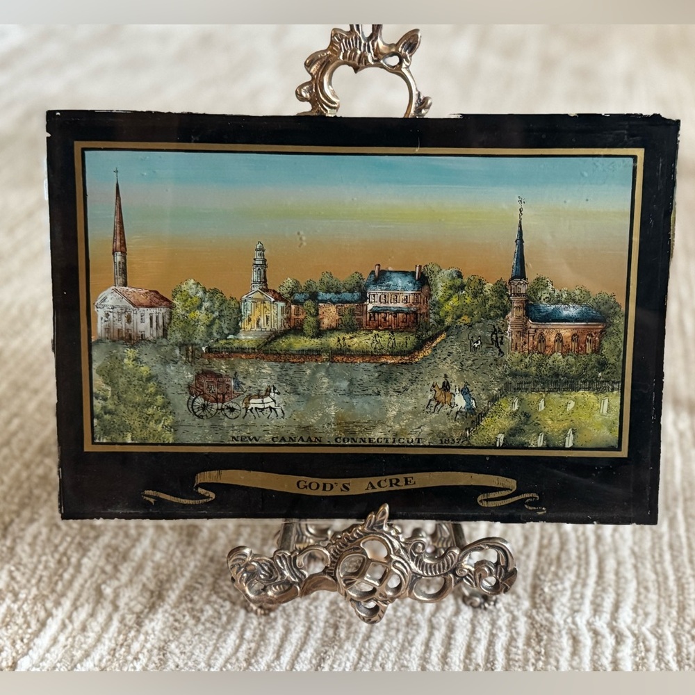 Vintage Reverse Painting on Glass – “God’s Acre, New Canaan Connecticut 1837”
